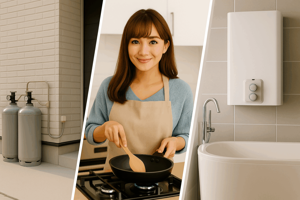 プロパンガスと給湯器とキッチンに立つ女性の写真