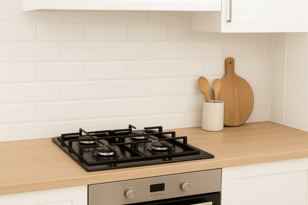 家庭用のモダンなガスコンロとキッチンの写真（プロパンガスのイメージ）